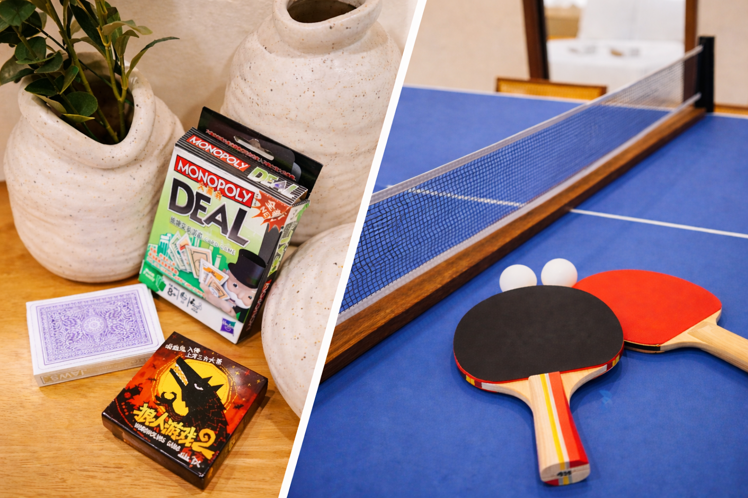 A collage of card games including Monopoly Deal, Poker and Werewolves Game 2, as well as a Ping Pong Table.